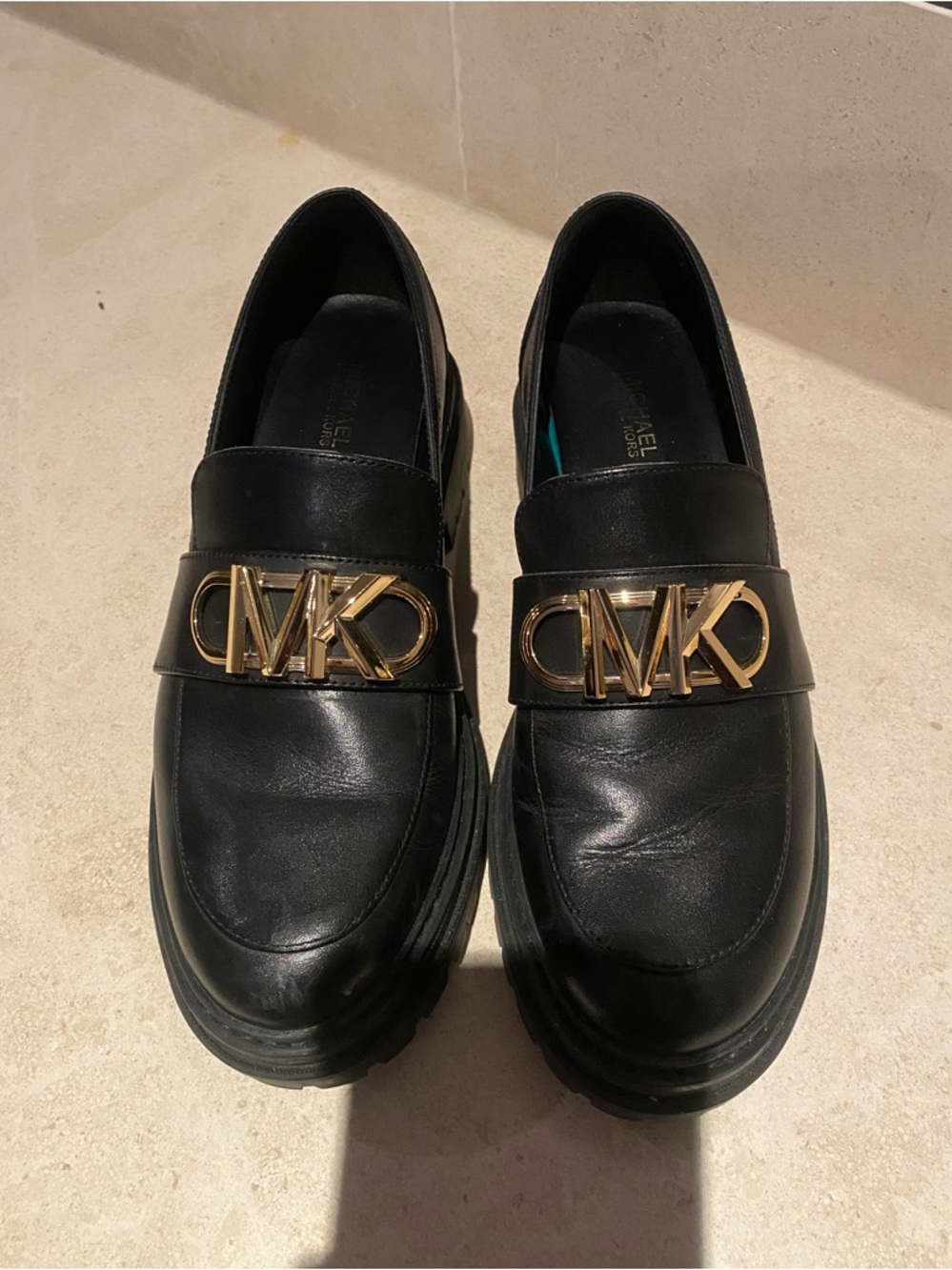 Women’s Michael Kors Black Leather Loafers with Gold MK Emblem